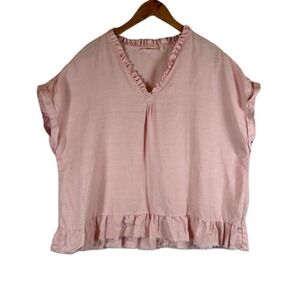 Soft Surroundings 2X Pink‎ Linen Ruffle V Neck Short Sleeve Top